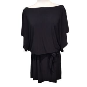 White House Black Market Dress Women's L Black Angel Sleeve Belted Elastic Waist